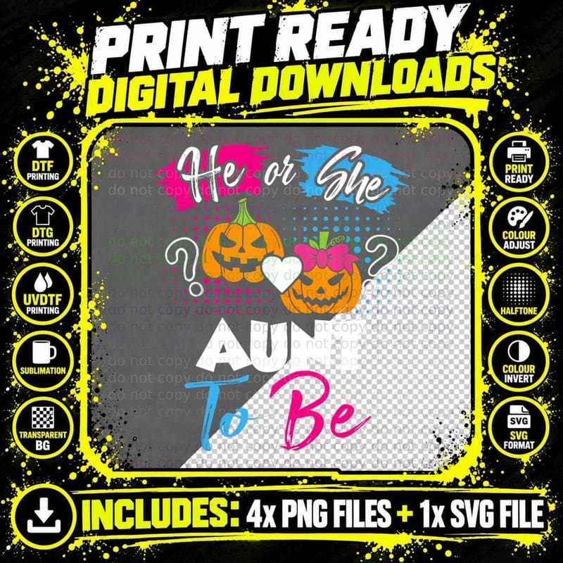Halloween Pumpkin Gender Reveal He or She Aunt to Be Png SVG Digital Bundle
