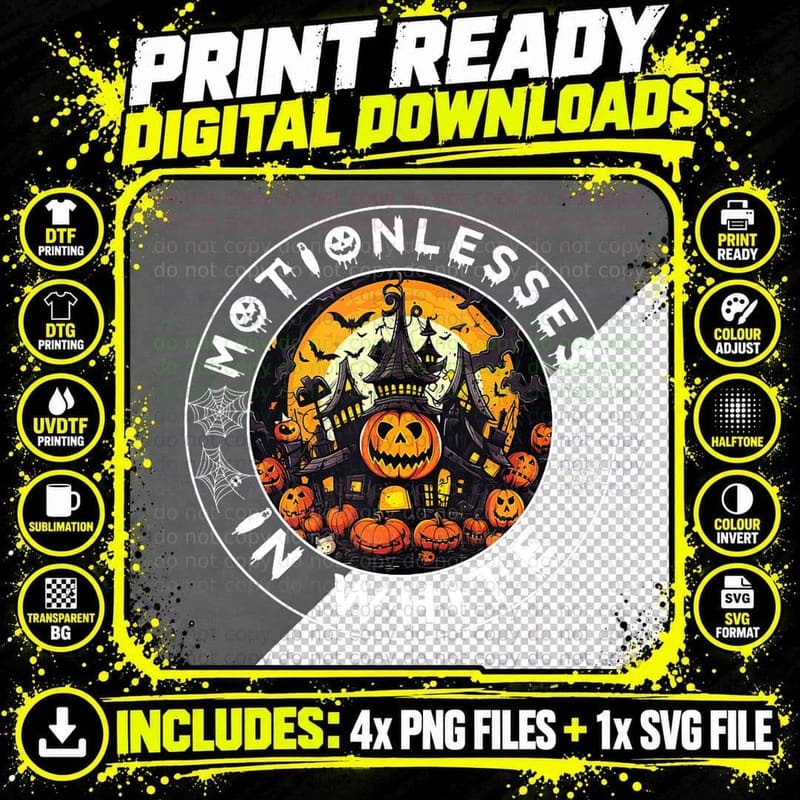 Halloween Pumpkin Scary Funny Motionlesses in White Png SVG Digital Bundle