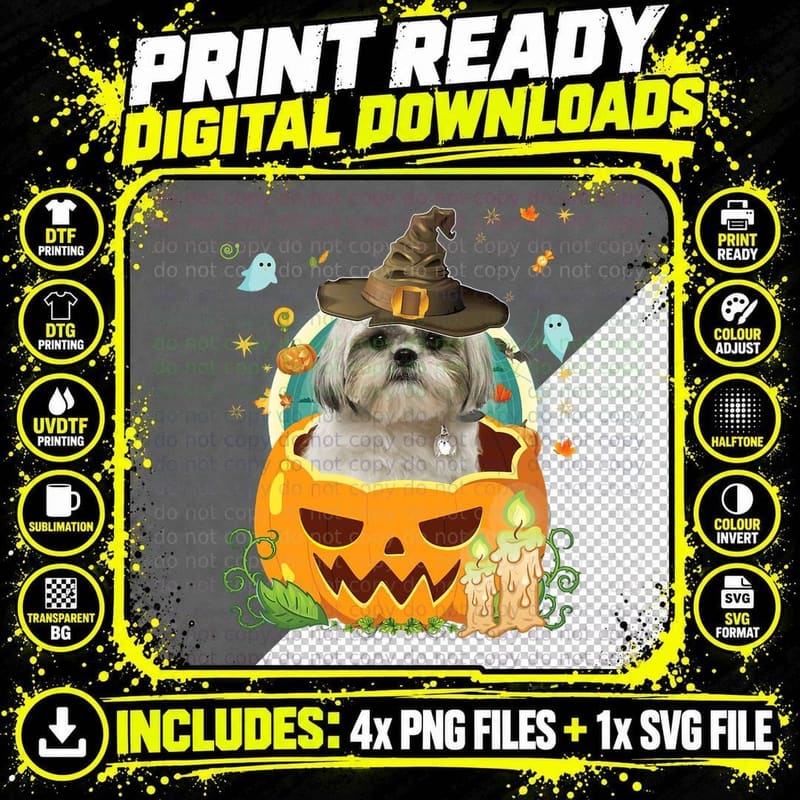 Halloween Shih Tzu Dog Pumpkin Witch Hat Spooky Moon Kid Png SVG Digital Bundle