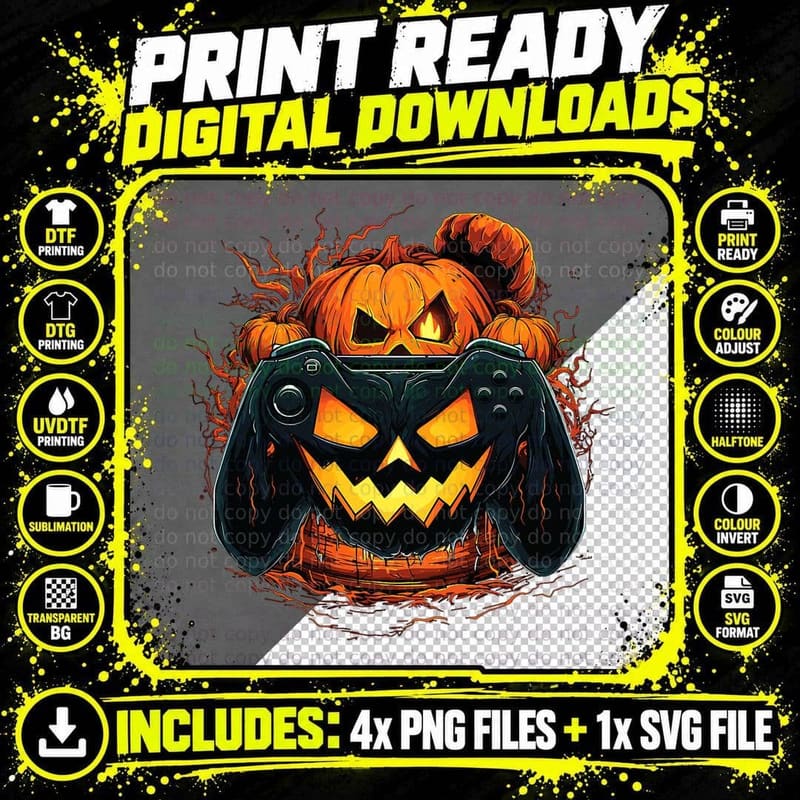 Halloween Shirt Jack O Lantern Pumpkin Face Gamer Gaming Png SVG Digital Bundle