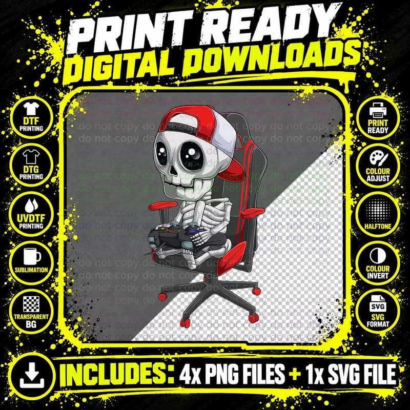 Halloween Skeleton Gamer Video Gaming Boys Men Kids Png SVG Digital Bundle