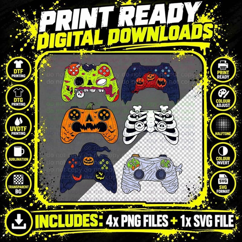 Halloween Skeleton Gaming Controllers Zombie Mummy Boys Png SVG Digital Bundle