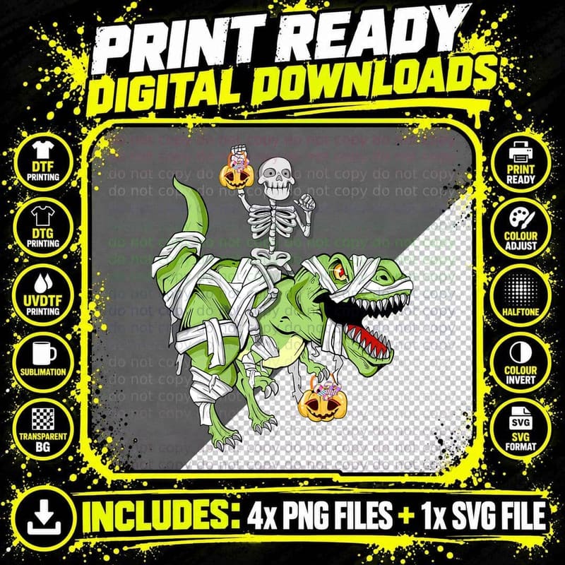 Halloween Skeleton Mummy Dinosaur T Rex Funny Hallowen Png SVG Digital Bundle
