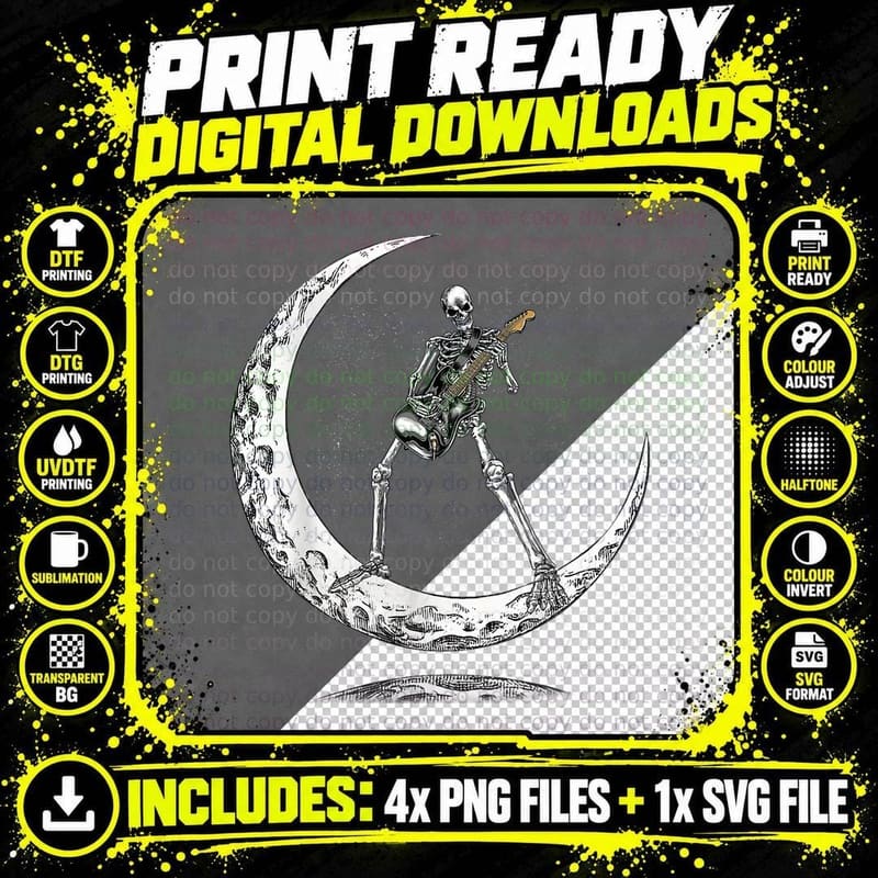 Halloween Skeleton Playing Guitar Rock and Roll Band Png SVG Digital Bundle