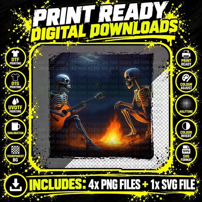 Halloween Skeletons in Gothic Forest Playing Guitar Png SVG Digital Bundle