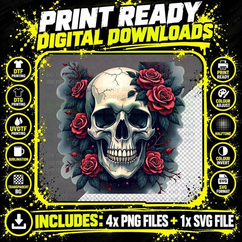 Halloween Skull Shirt, Gothic Floral Spooky Art for Her Png SVG Digital Bundle