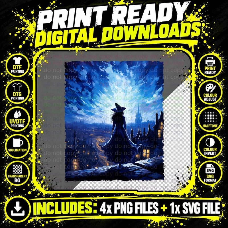 Halloween Witch Starry Night Van Gogh Aesthetic Painting Png SVG Digital Bundle