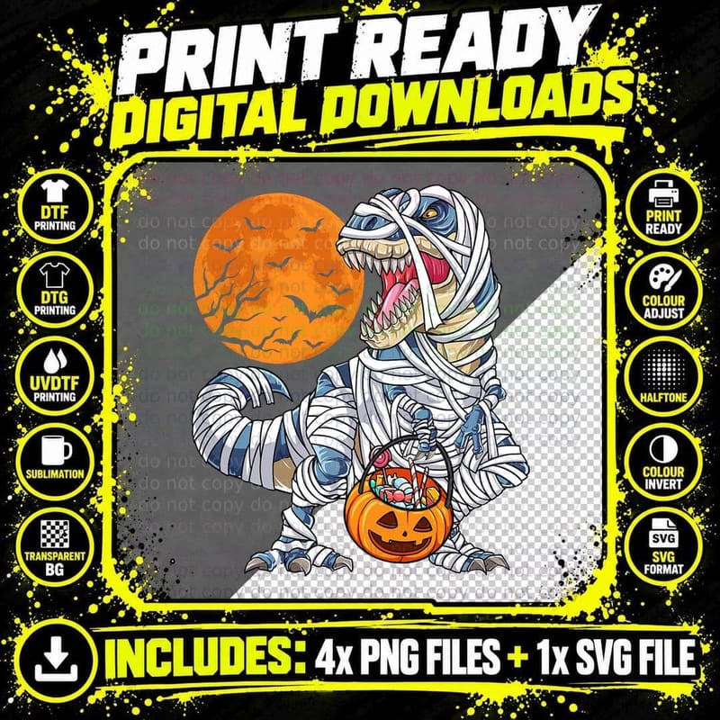Halloweens for Boys Men Dinosaur T Rex Mummy Pumpkin Png SVG Digital Bundle