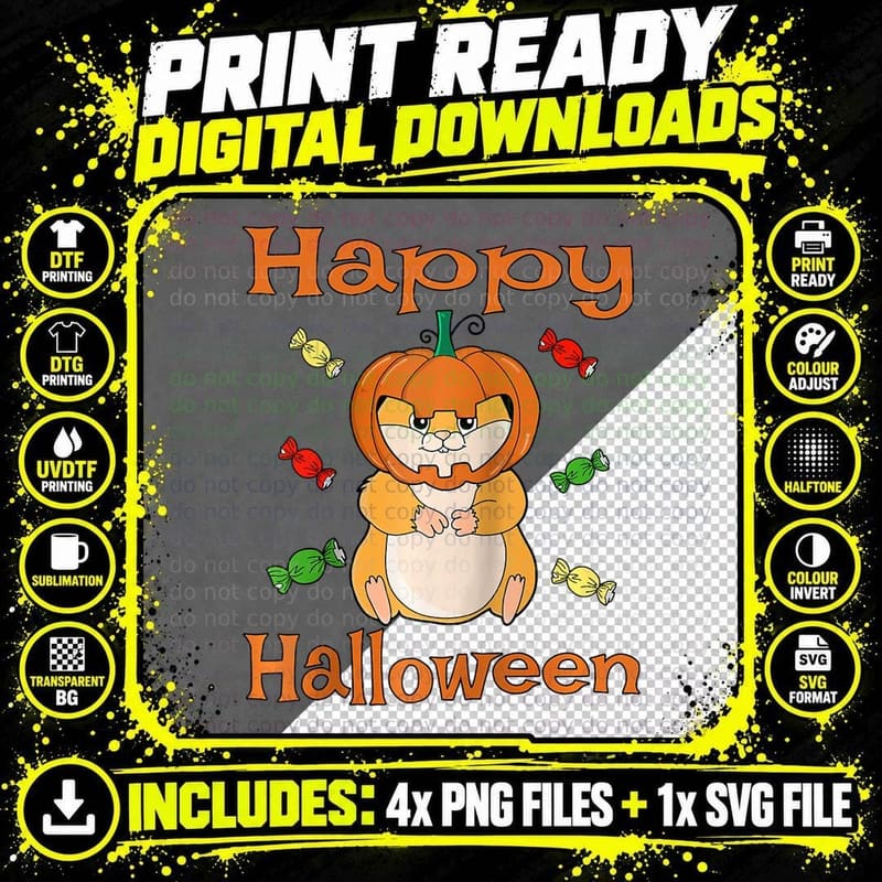 Happy Halloween Funny Hamster with Pumpkin Helmet Png SVG Digital Bundle