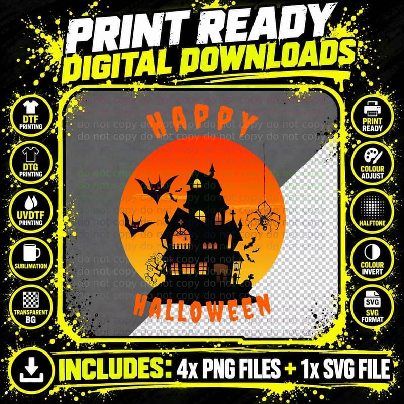 Happy Halloween Spooky Creepy, Haunted House, Spider Png SVG Digital Bundle