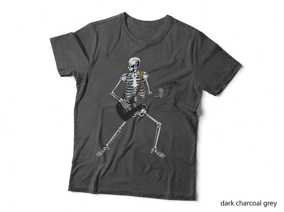 Happy Skeleton Acoustic Guitar Guy Spooky Rock Concert Band T-Shirt