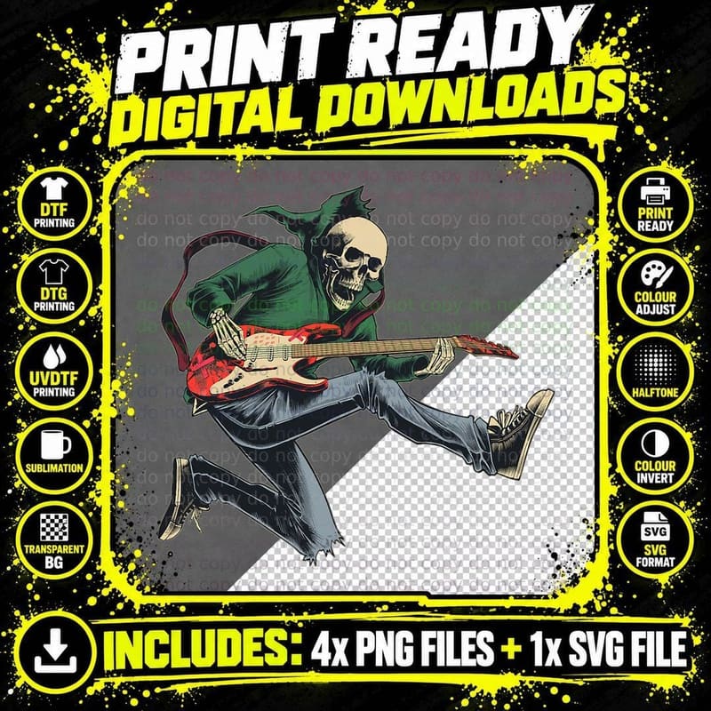 Happy Skeleton Guitar Guy Spooky Halloween Rock Band Png SVG Digital Bundle