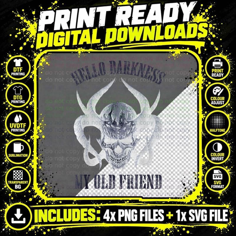 Hello Darkness My Old Friend Demon Skull Horn Halloween Png SVG Digital Bundle