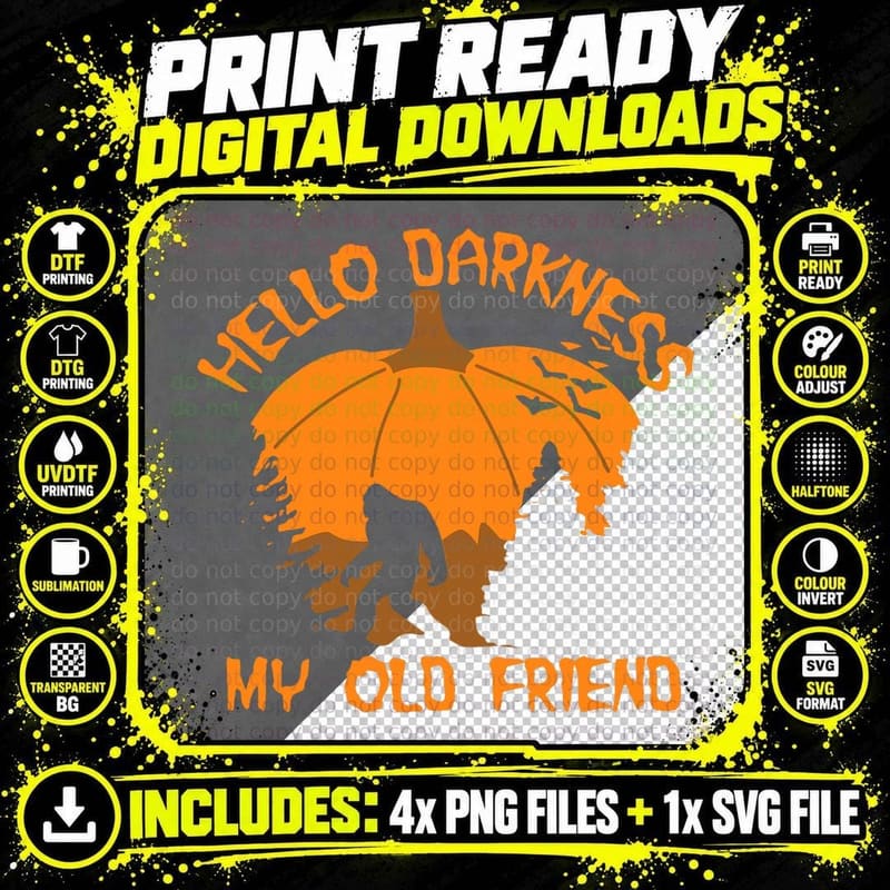 Hello Darkness My Old Friend Halloween Bigfoot Pumpkin Png SVG Digital Bundle