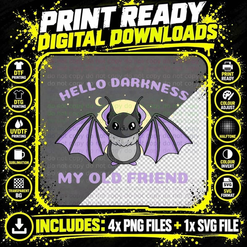 Hello Darkness My Old Friend Pastel Goth Cute Bat Png SVG Digital Bundle