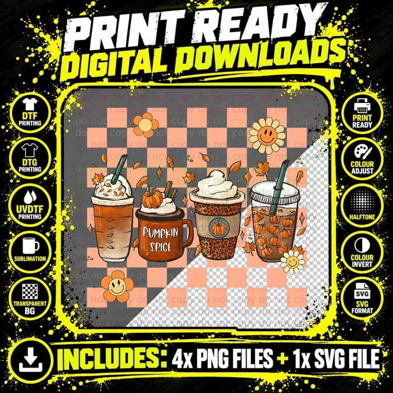 Hippie Fall Coffee Pumpkin Spice Junkie Latte Autumn Png SVG Digital Bundle