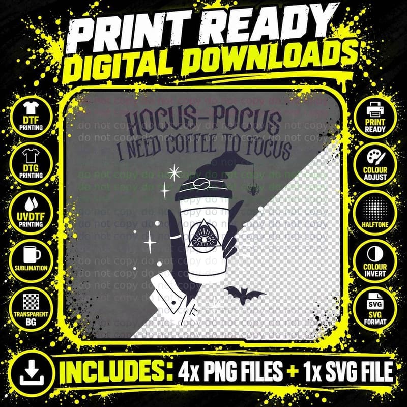 Hocus Pocus Shirt I Need Coffee to Focus Halloween Witch Png SVG Digital Bundle