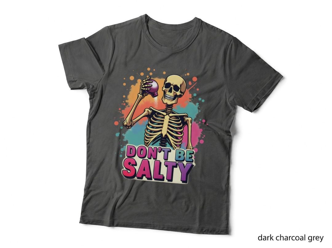 Humorous Golden Skeleton Pouring Salt Shaker Vibrant Abstract Background T-Shirt