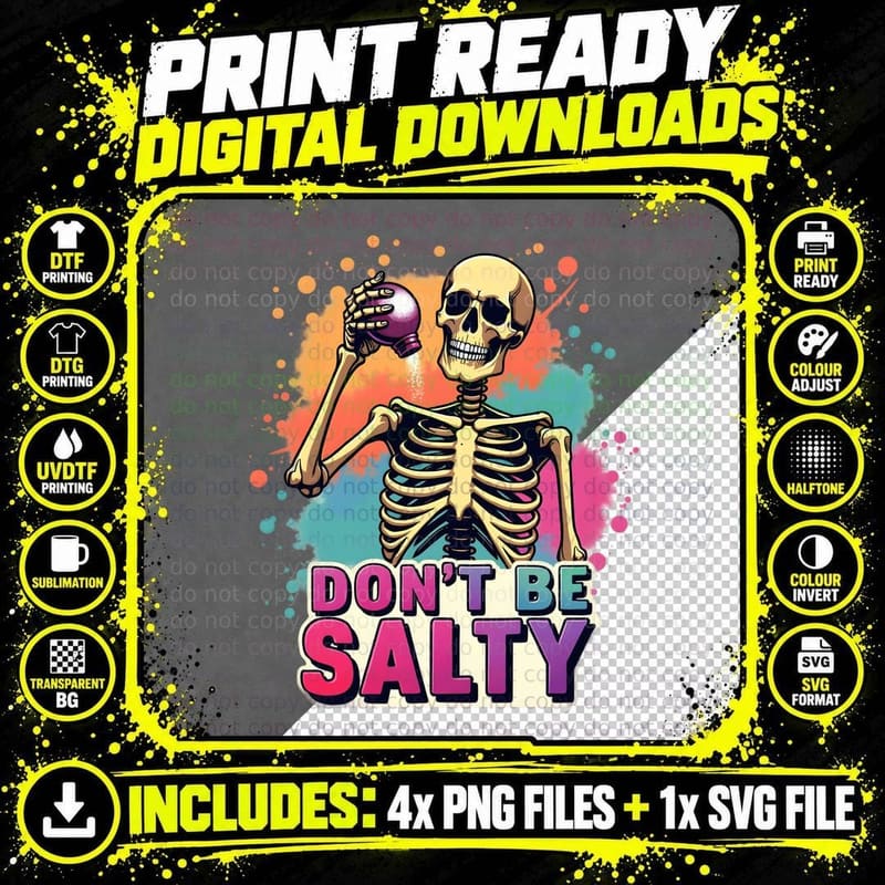 Humorous Golden Skeleton Pouring Salt Shaker Vibrant Png SVG Digital Bundle