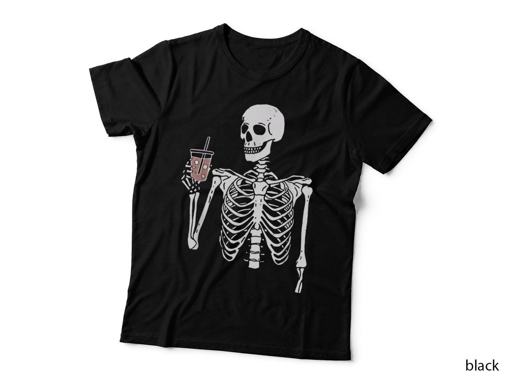 Iced Coffee Skeleton Drinking Funny Halloween Skull T-Shirt