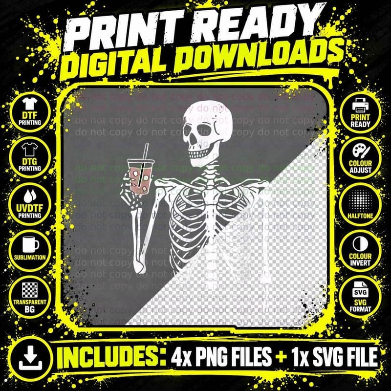 Iced Coffee Skeleton Drinking Funny Halloween Skull Png SVG Digital Bundle