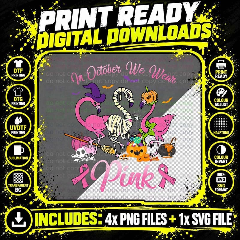 In October We Wear Pink Halloween Flamingo Breast Cancer Png SVG Digital Bundle