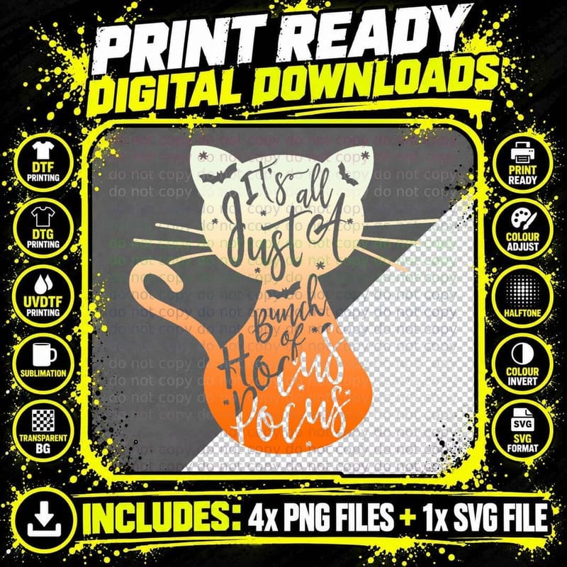 Its Just a Bunch of Hocus Pocus Halloween Black Cat Png SVG Digital Bundle