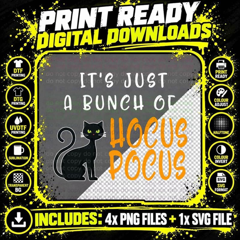 Its Just a Bunch of Hocus Pocus Halloween Cat T-Shirt Png SVG Digital Bundle
