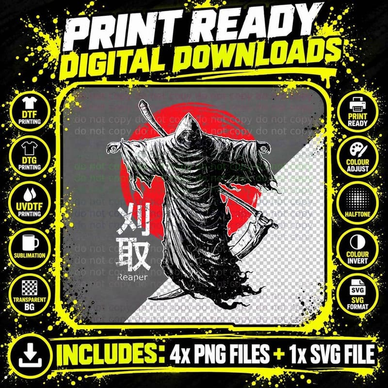 Japan Reaper Kanji Anime Mask Oni Skeleton Samurai Png SVG Digital Bundle