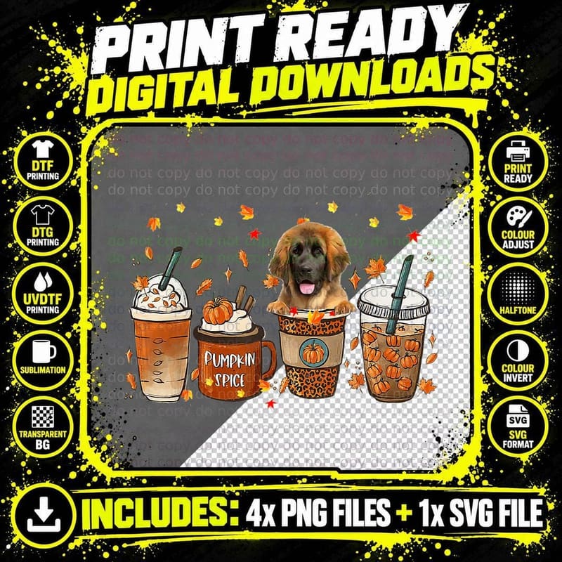Leonberger Fall Coffee Pumpkin Spice Latte Iced Autumn Png SVG Digital Bundle