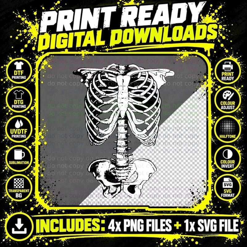 Macabre Human Skeleton Halloween Costume Splattered Rib Png SVG Digital Bundle