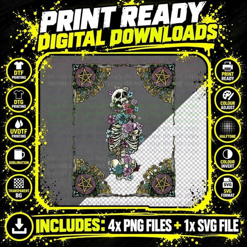 Macabre Skeleton with Purple, Blue and Pink Flowers. Png SVG Digital Bundle
