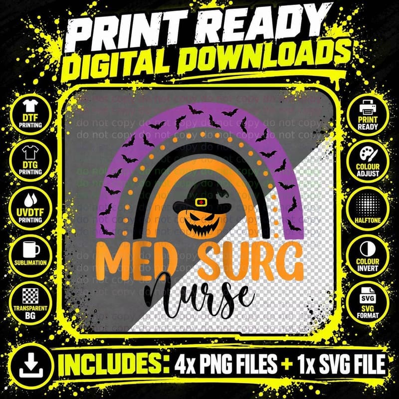 Med Surg Nurse Rainbow Halloween Medical Surgical Png SVG Digital Bundle