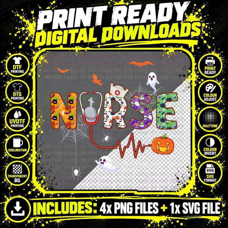Med Tech Nurse Nursing Halloween Pattern T-Shirt Png SVG Digital Bundle