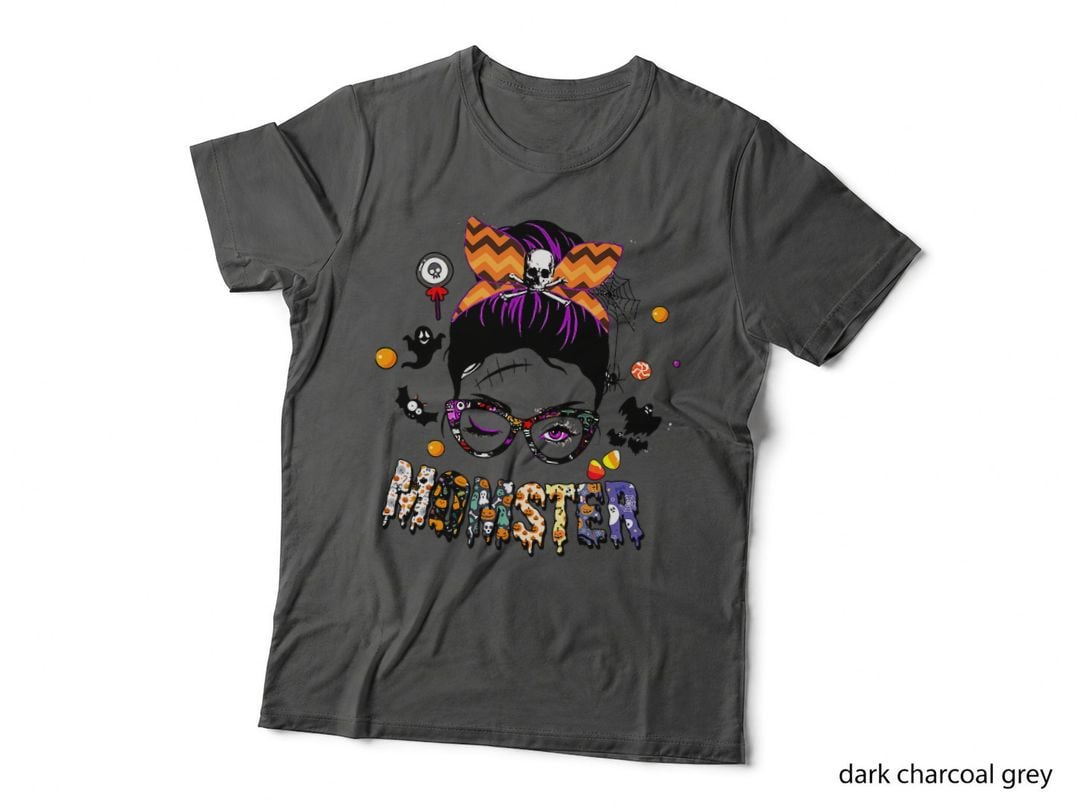 Momster Halloween Costume Skull Mom Messy Hair Bun T-Shirt