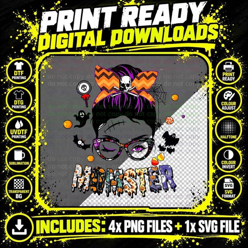 Momster Halloween Costume Skull Mom Messy Hair Bun Png SVG Digital Bundle