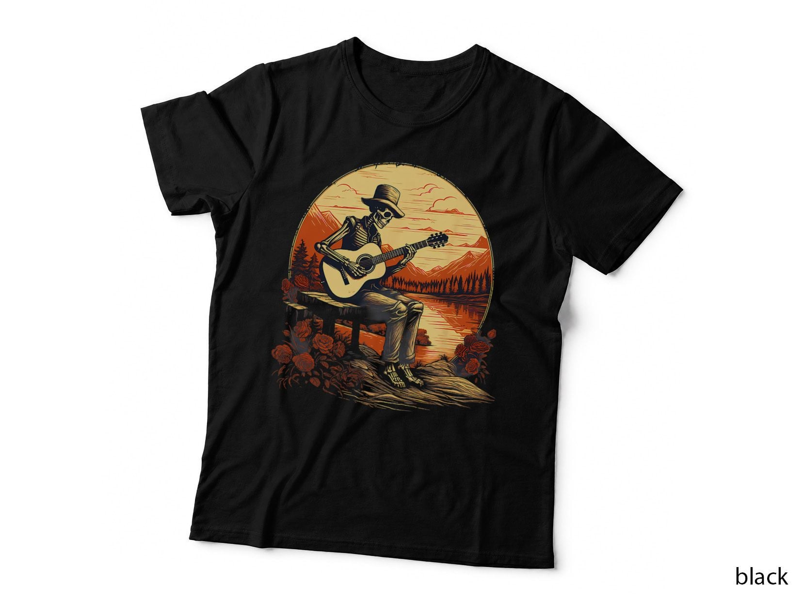 Mountain Lake Acoustic Guitar Music Skeleton Halloween Mens T-Shirt