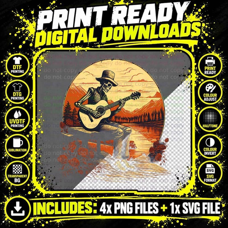 Mountain Lake Acoustic Guitar Music Skeleton Halloween Png SVG Digital Bundle
