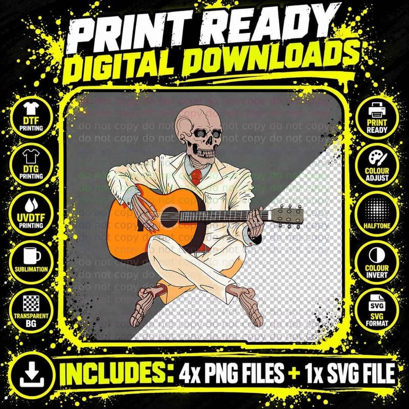 Music Skeleton Playing Guitar Guitarist T-Shirt Png SVG Digital Bundle