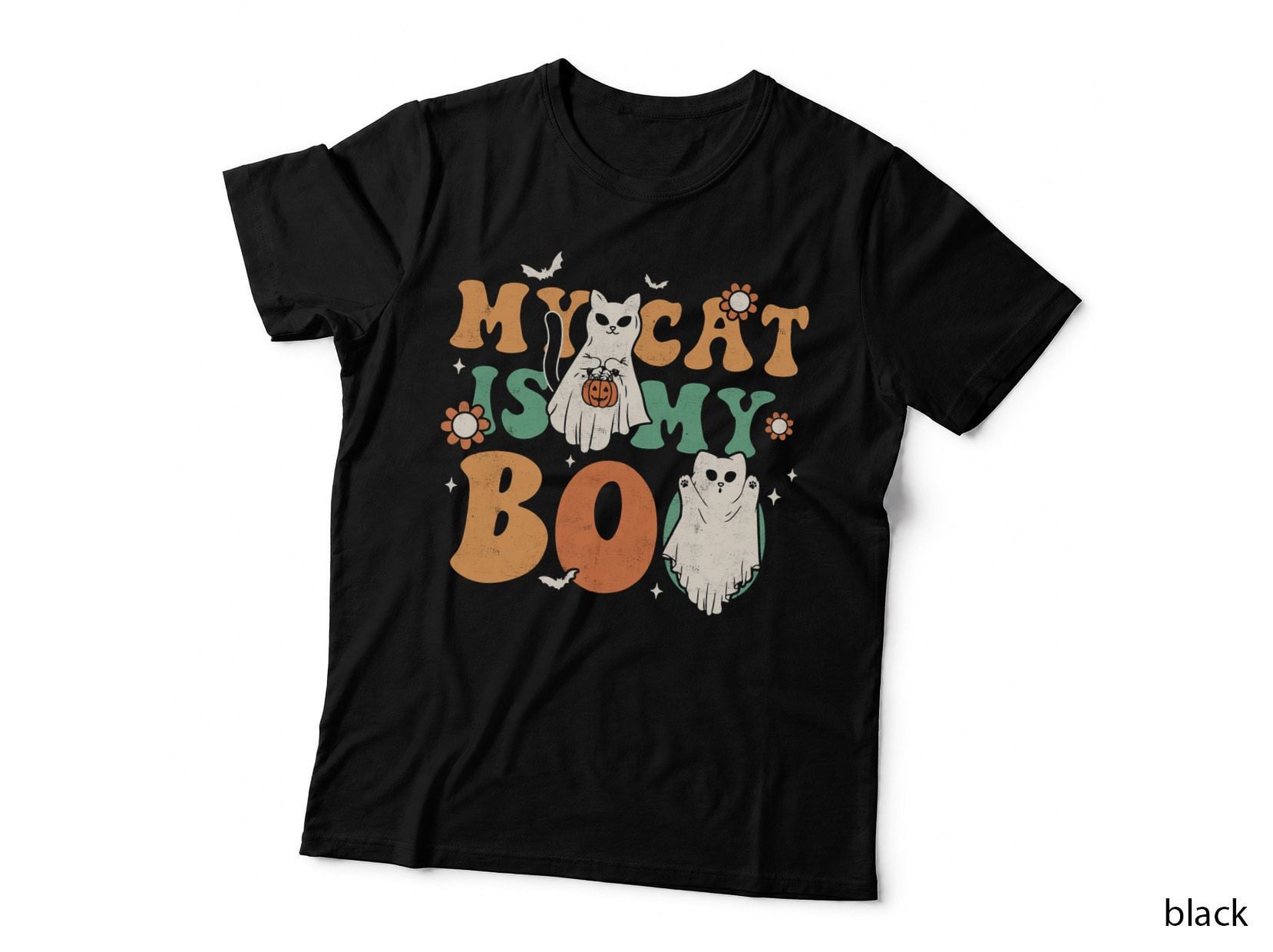 My Cat Is My Boo Spooky Season Groovy Retro Halloween Ghost T-Shirt