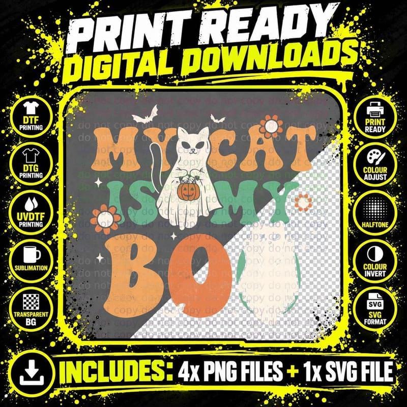 My Cat Is My Boo Spooky Season Groovy Retro Halloween Png SVG Digital Bundle