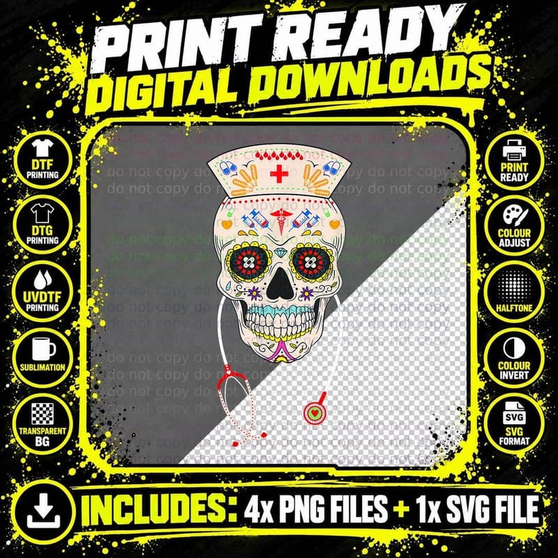 Nurse Sugar Skull Halloween Day of the Dead Dia De Los Png SVG Digital Bundle