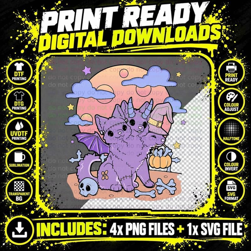 Pastel Goth Witchy 3 Headed Dog Creepy Kawaii Halloween Png SVG Digital Bundle