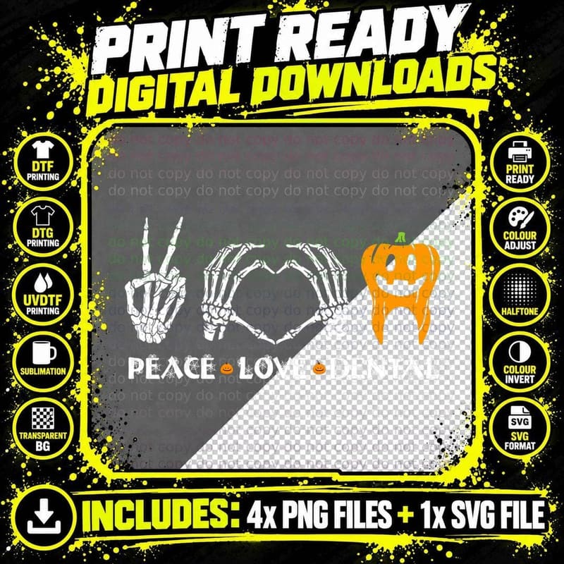 Peace Love Dental Skeleton Hand Heart Sign Halloween Png SVG Digital Bundle