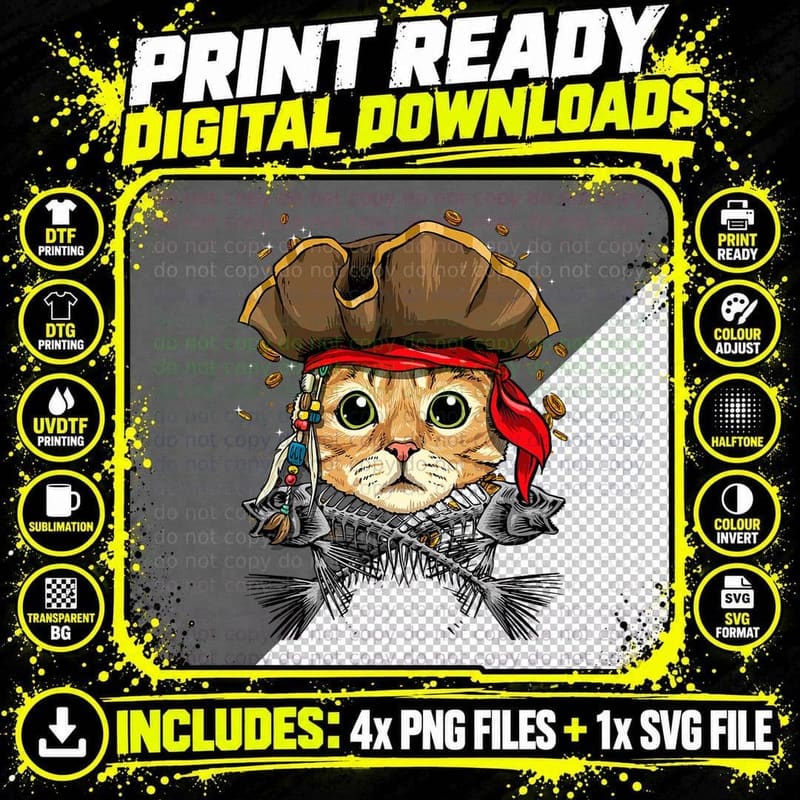 Pirate Cat Funny Halloween Cat Jolly Roger Cat Lover Png SVG Digital Bundle