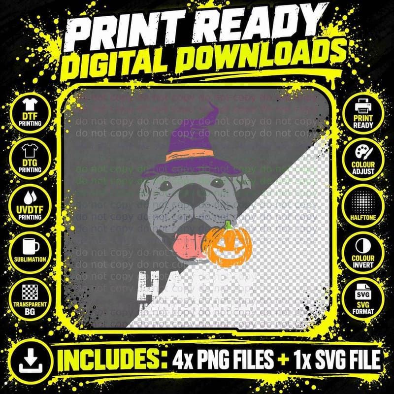 Pitbull Witch Happy Howl O Ween Pumpkin Halloween Pittie Png SVG Digital Bundle