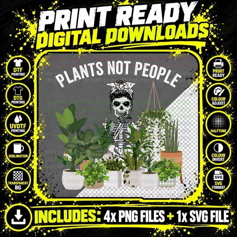 Plants Not People Messy Bun Skull Gardening Plant Png SVG Digital Bundle
