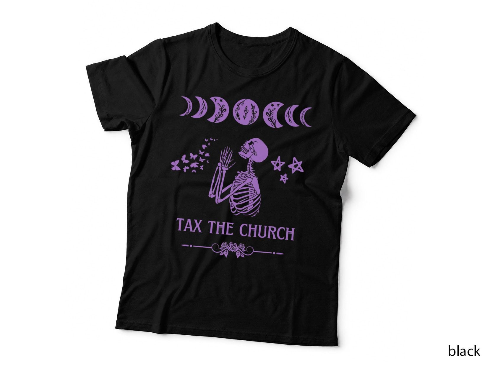 Pro Choice Purple Tax the Church Feminism and Goth Skeleton T-Shirt