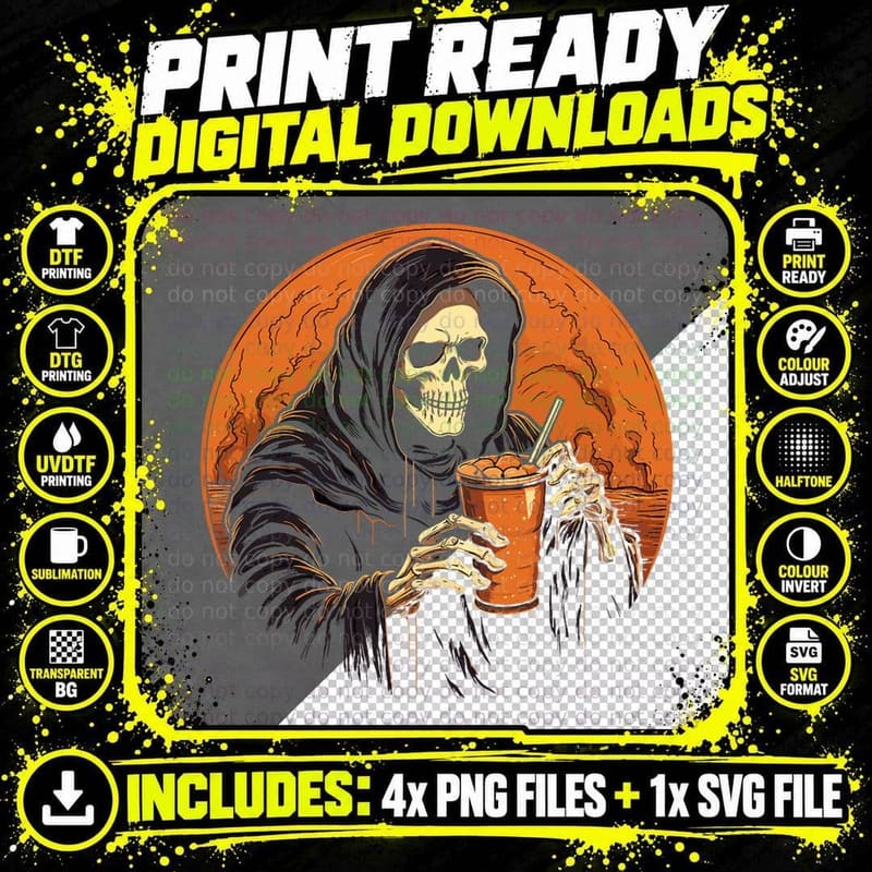 Pumpkin Spice Latte Coffee Autumn Halloween Grim Reaper Png SVG Digital Bundle