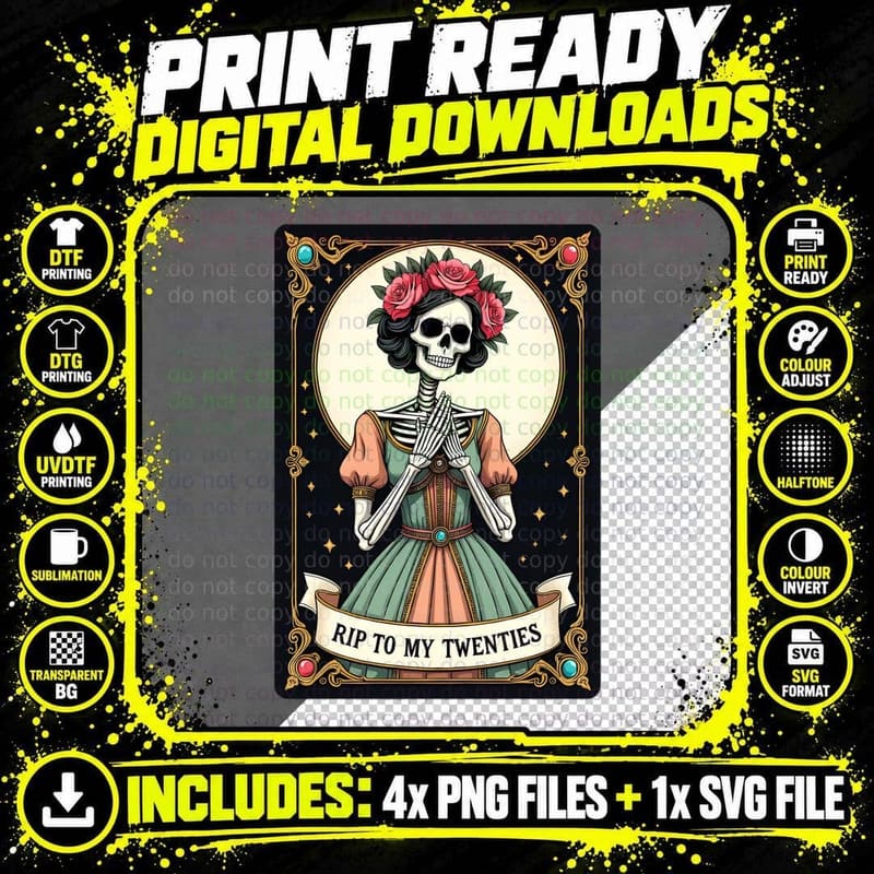 RIP to My Twenties Ornate Tarot Card Skeleton Woman Png SVG Digital Bundle